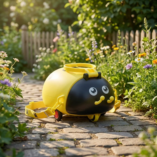 Kids bug-shaped water bottle with yellow lid and black face design