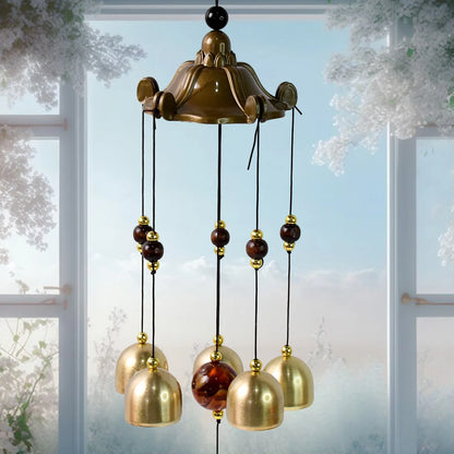Butterfly bell wind chime with brass bells and dark bead strands