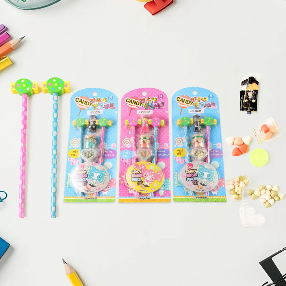 Candy-themed pencil set with two lollipop-shaped pencils and colorful blister packs