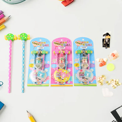 Candy-themed pencil set with two lollipop-shaped pencils and colorful blister packs