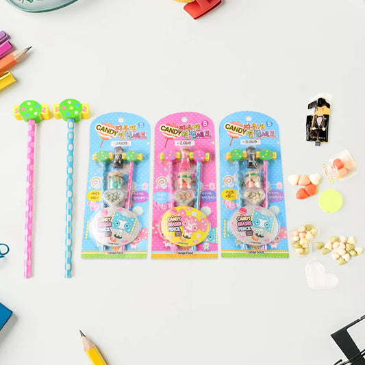 Candy-themed pencil set with two lollipop-shaped pencils and colorful blister packs
