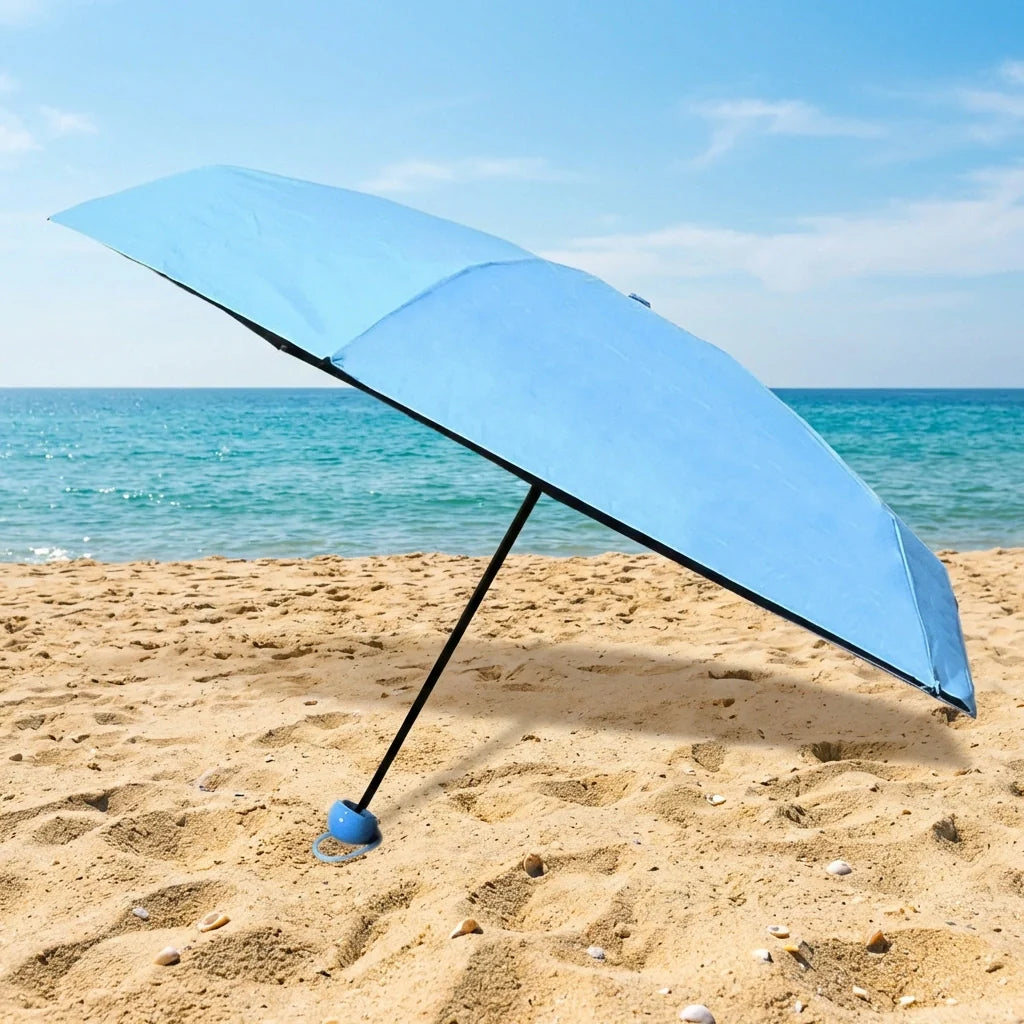 Light blue foldable umbrella, open, with black ribs and handle.