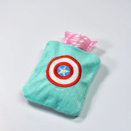 Small hot water bag cover with teal fabric, Captain America shield logo patch, and pink cap