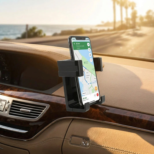 Car AC vent phone holder with adjustable clip holding a smartphone