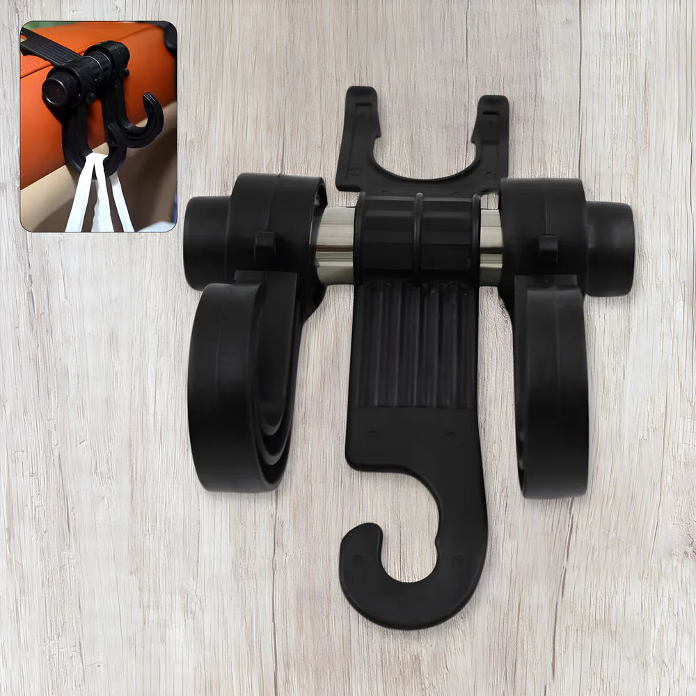 Black plastic car back seat hook with two side mounts and central clasp
