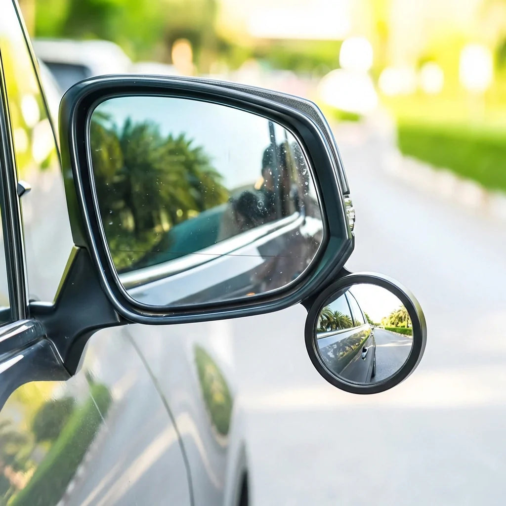 Car blind spot mirror with black housing and convex round side mirror
