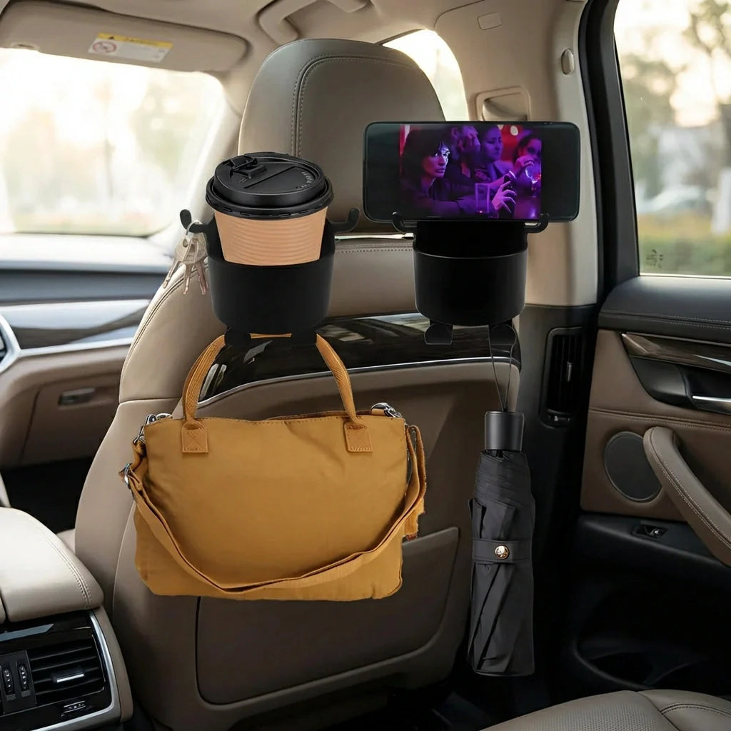 Car seat back organizer with tan front pockets and black cup holder for drinks