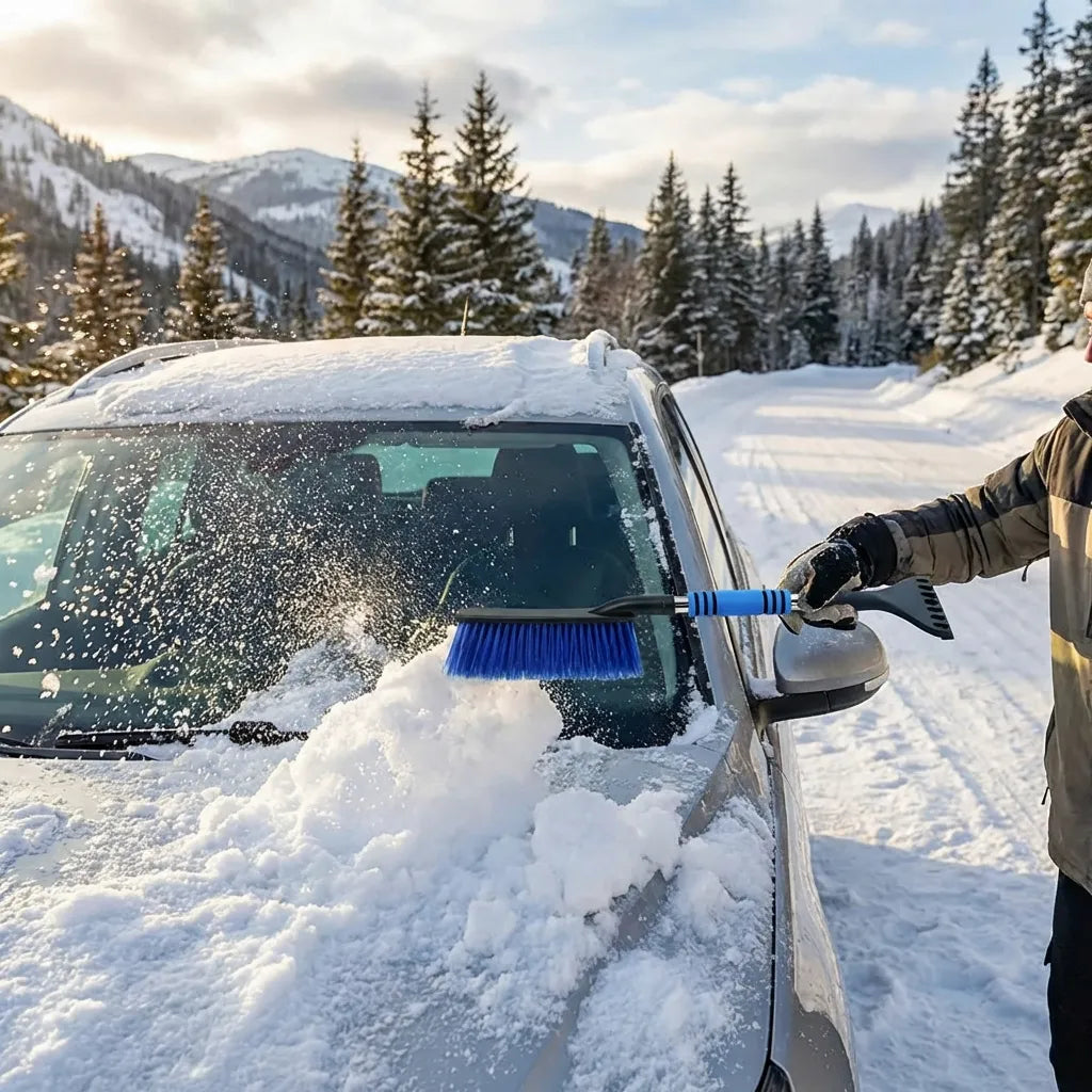 Car ice scraper with blue bristle brush cleaning windshield and roof snow