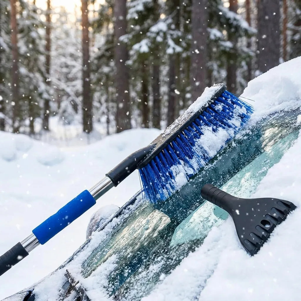 Car ice scraper with blue brush angled across windshield