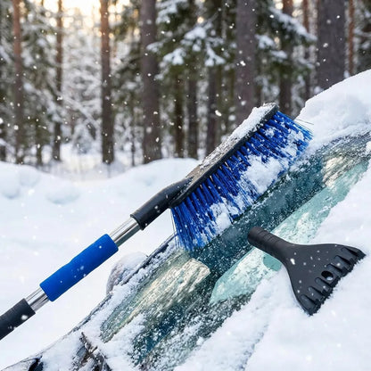 Car ice scraper with blue brush angled across windshield