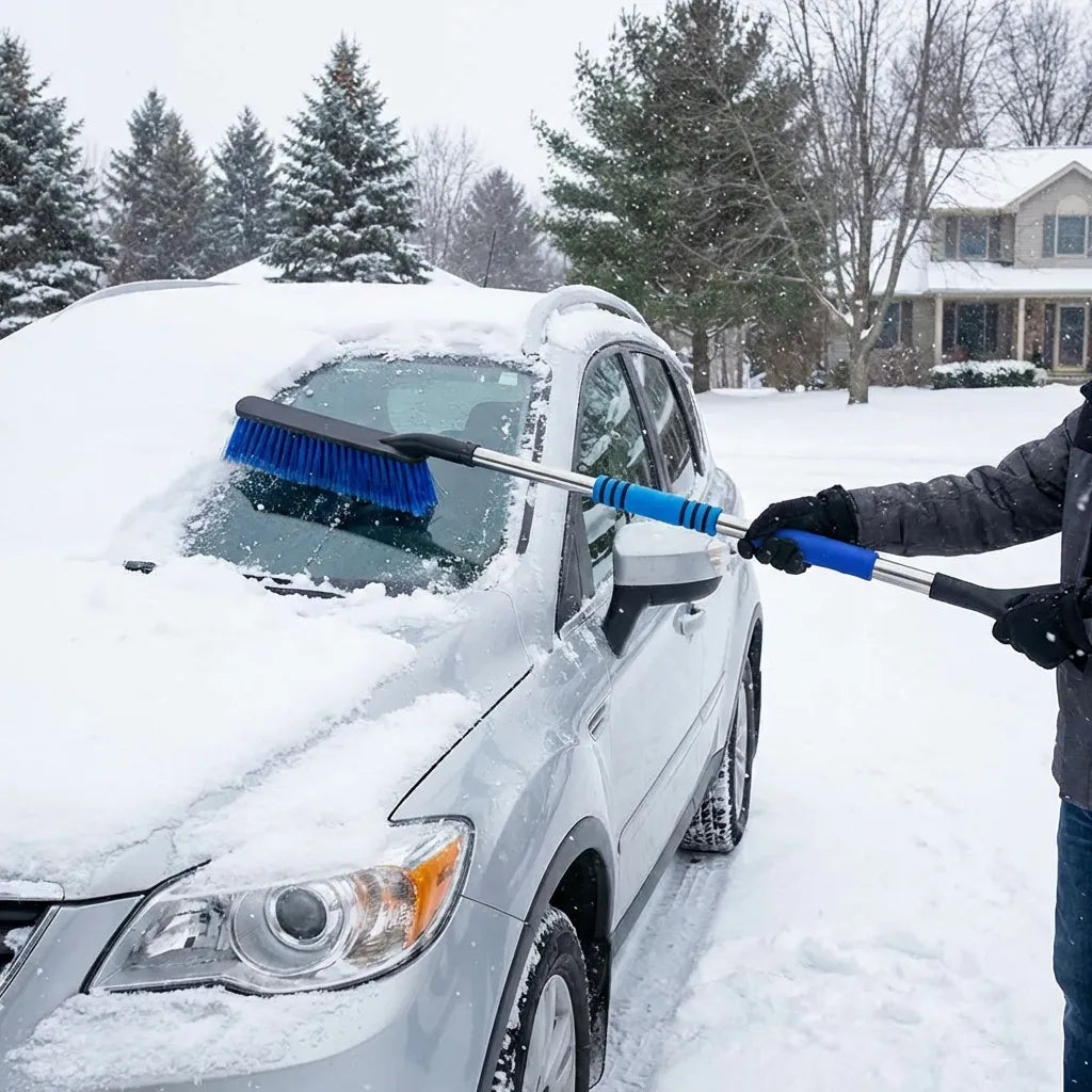 Car ice scraper with blue brush removing snow from front windshield