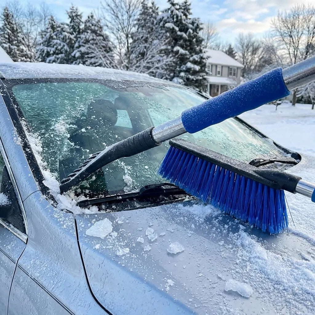 Car ice scraper and blue brush clearing ice from windshield glass
