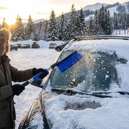 Car ice scraper with blue brush sweeping snow from windshield
