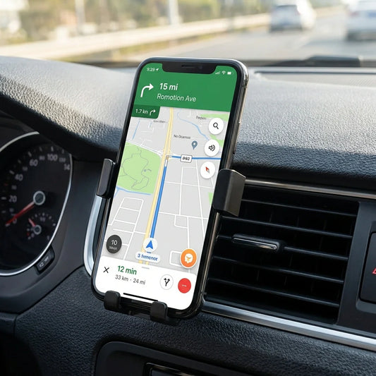 Car phone mount holder holding a smartphone on a car air vent, black clip design