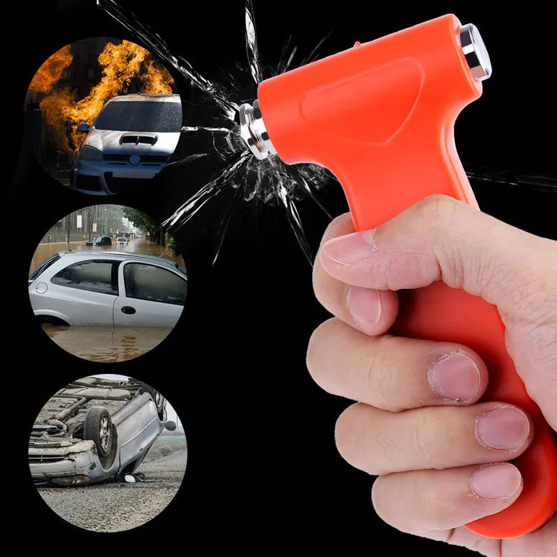 Red car emergency safety hammer with metal tip, held in hand