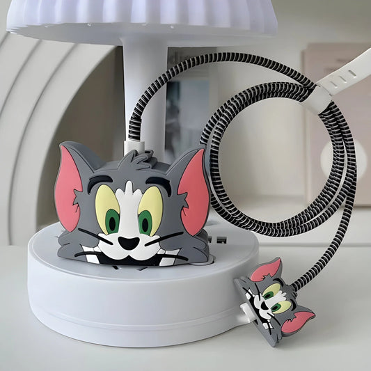Cartoon charger protector case with gray cartoon cat face and cable holders