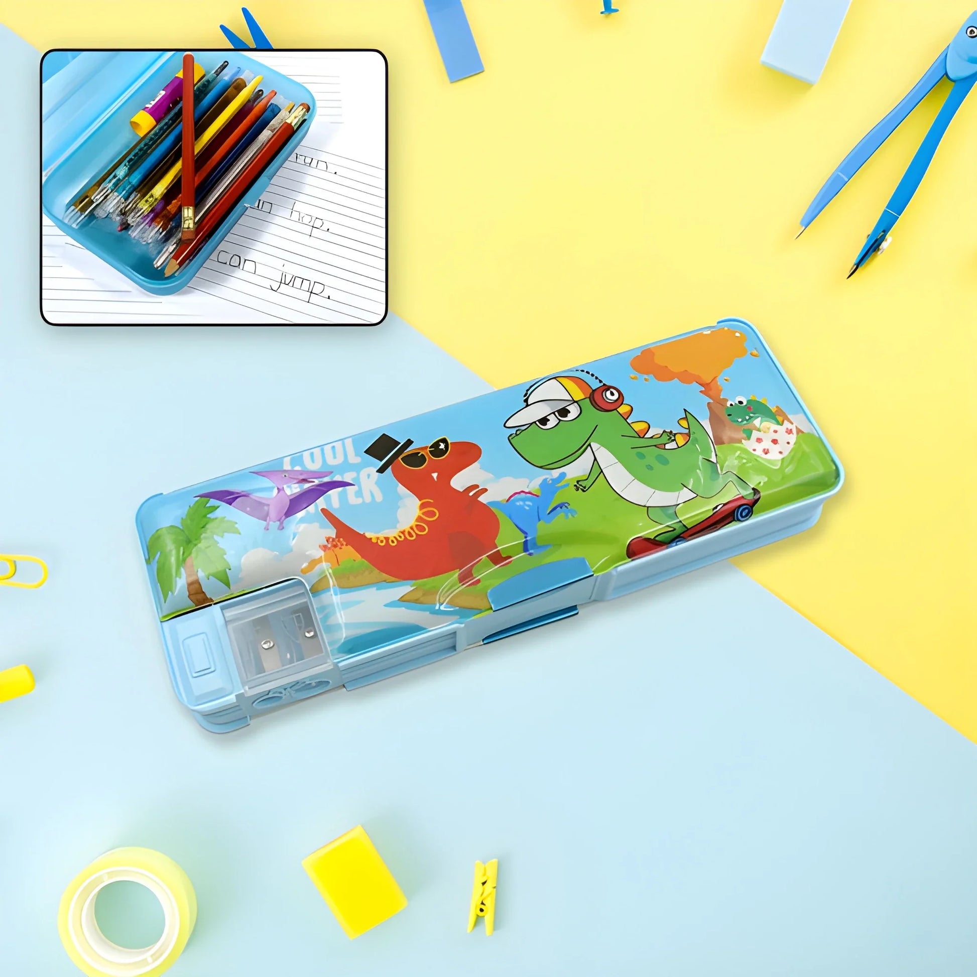 Double-deck pencil case with cartoon animal graphic, blue clear plastic