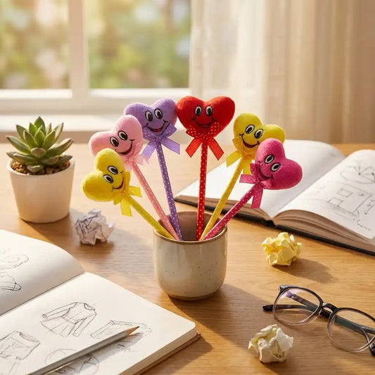 Cartoon heart plush pens set with colorful characters and bows, 12-pack
