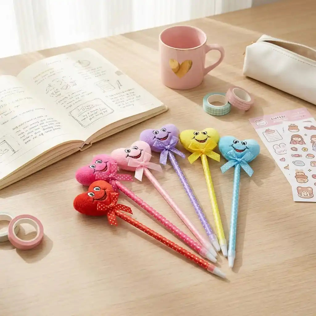 Colorful cartoon character heart pens with bows on desk near open notebook