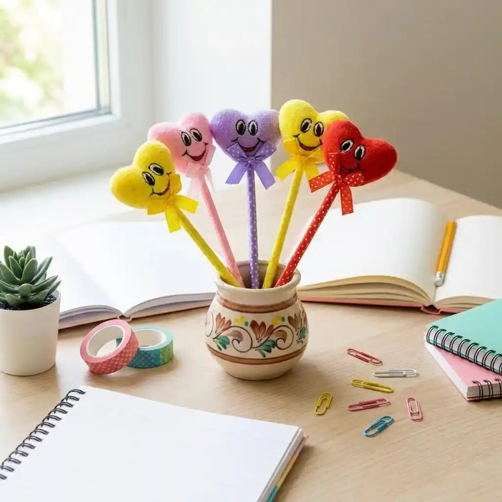 Cartoon character heart pens in small cup on desk beside notebook and supplies