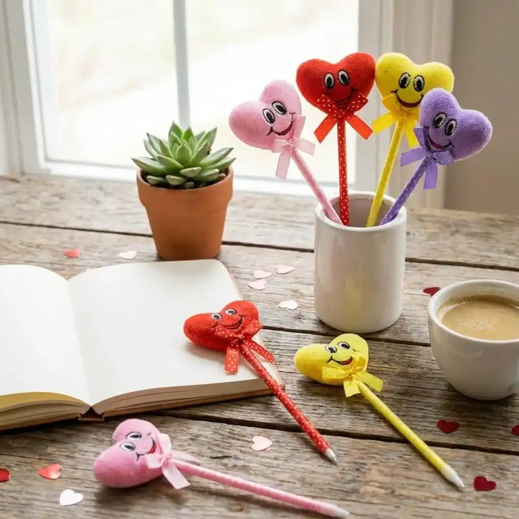Cartoon heart plush pens on tabletop with scattered small heart shapes