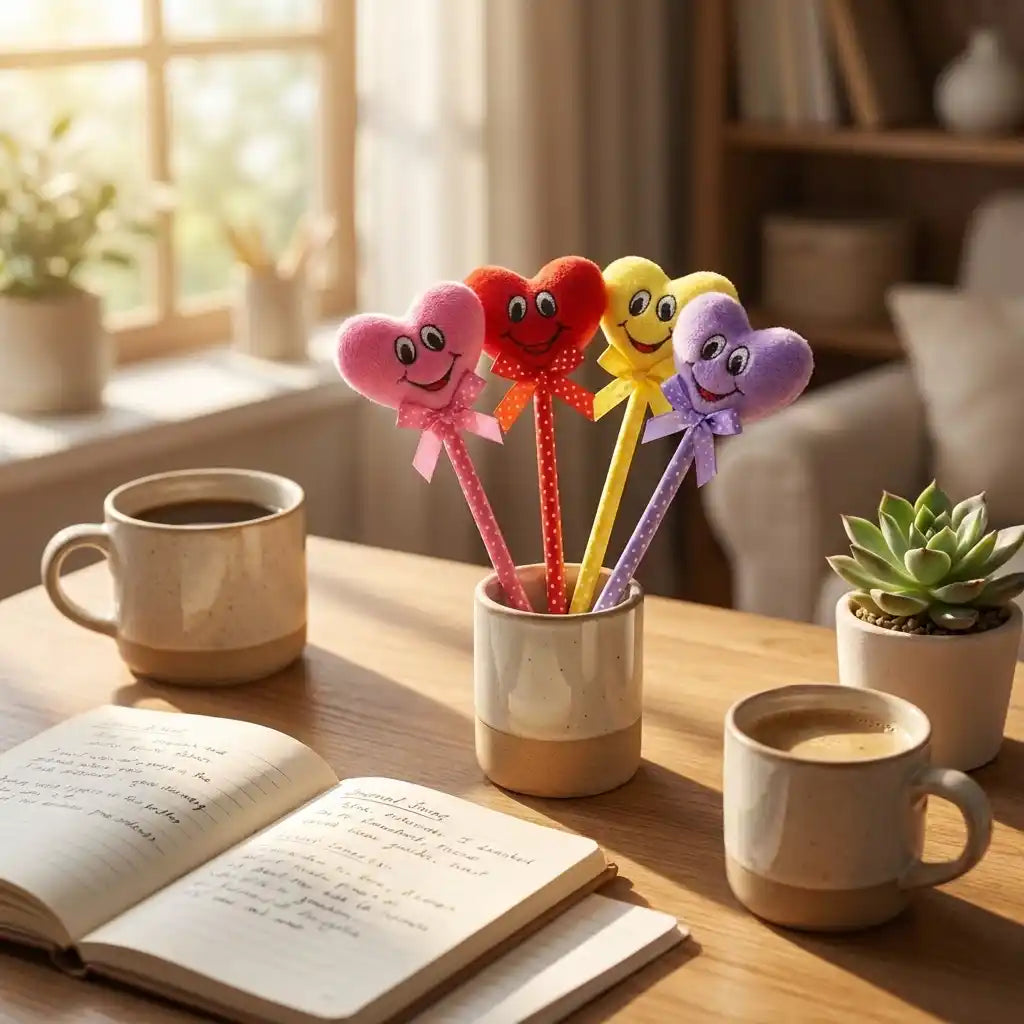 Colorful character heart pens in a cup beside an open book and mugs