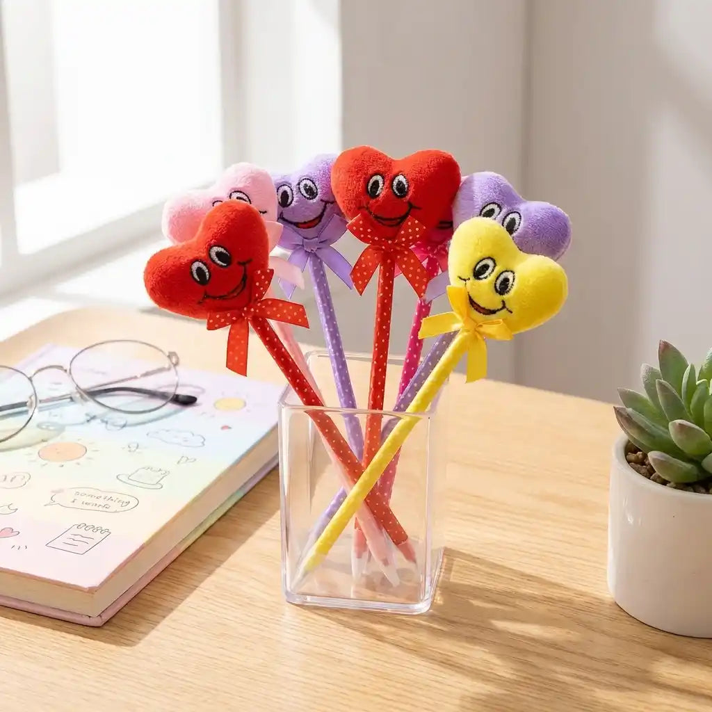 Cartoon character heart pens standing upright in a cup with multicolor bows