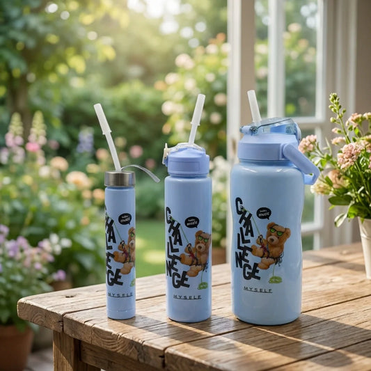 Cartoon water bottle set, three light-blue bottles with straw lids.