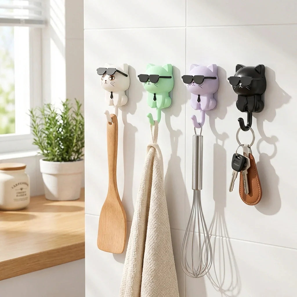 Cat wall hook set, multicolor cat heads with metal hooks and keyrings