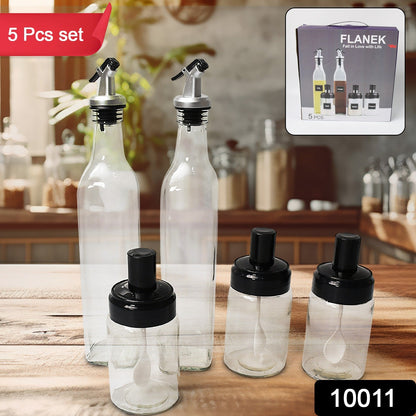 Glass Oil Dispenser & Spice Jar Set – 5 Pcs