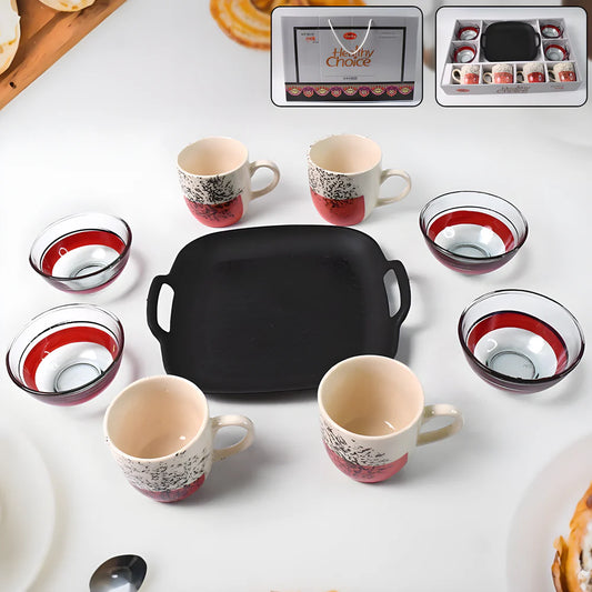 Ceramic cup and bowl set with four speckled mugs and four red-striped bowls, on black tray