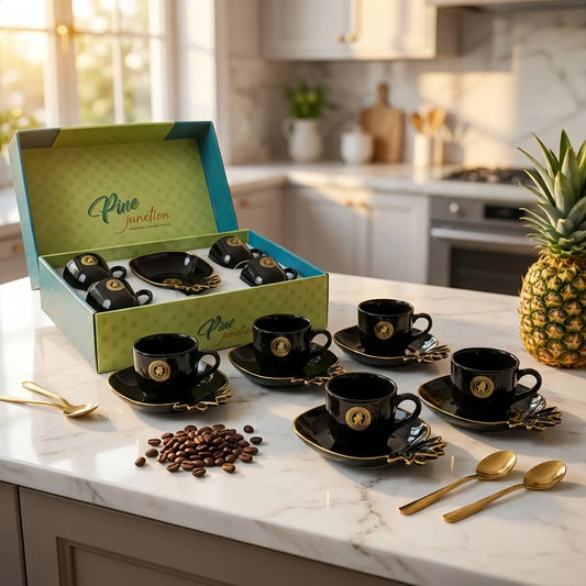 Ceramic mug set with black mugs and saucers, gold emblem, in open gift box