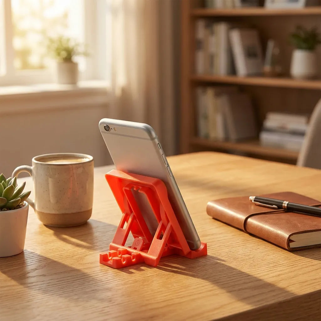 Red mobile stand holding a phone upright on a wooden desk