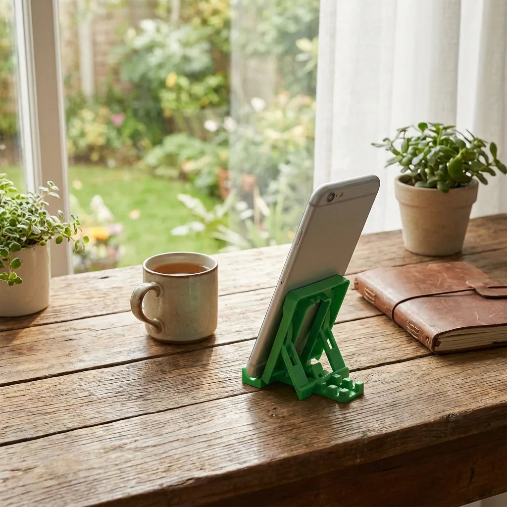 Green mobile stand supporting a phone at an angle on a wooden table