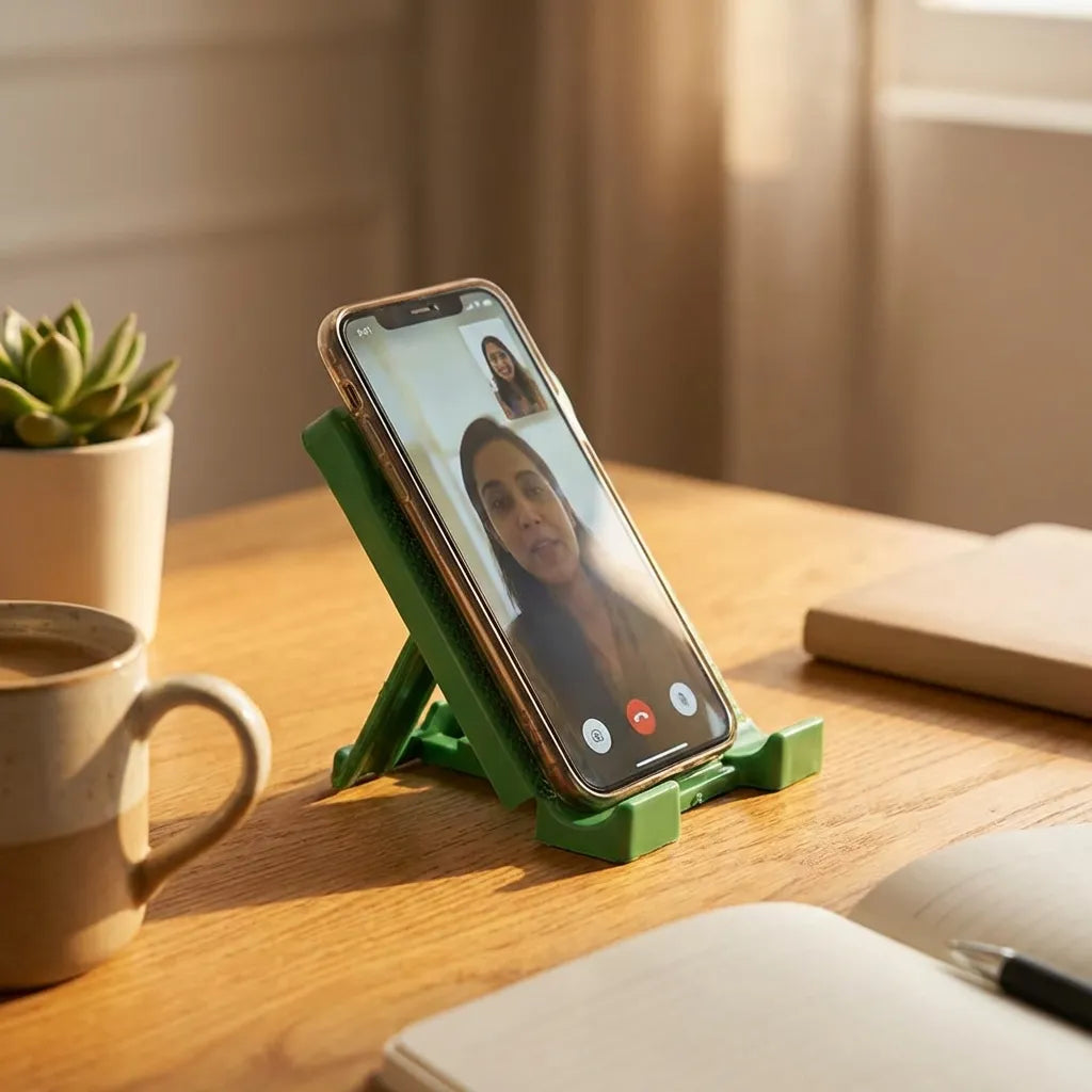 Green mobile stand holding a smartphone in portrait orientation on a tabletop