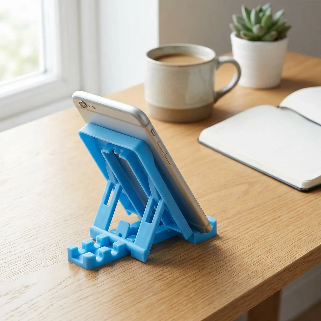 Blue mobile stand with a phone supported upright on a tabletop