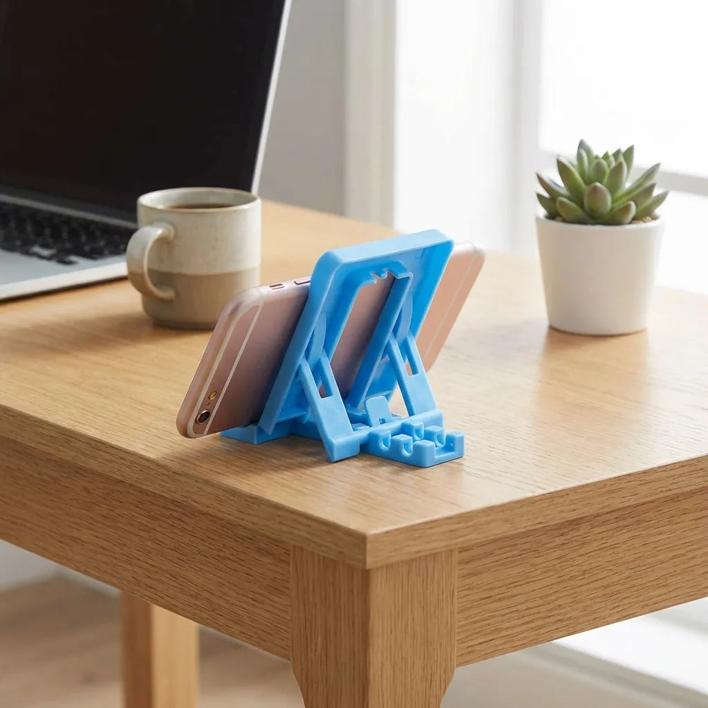 Blue mobile stand supporting a smartphone on a wooden table