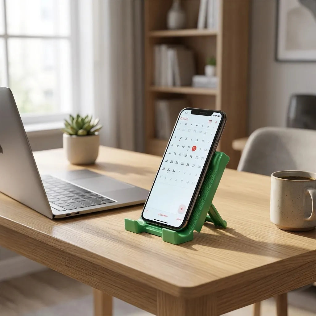 Green mobile stand holding a smartphone upright on a desk