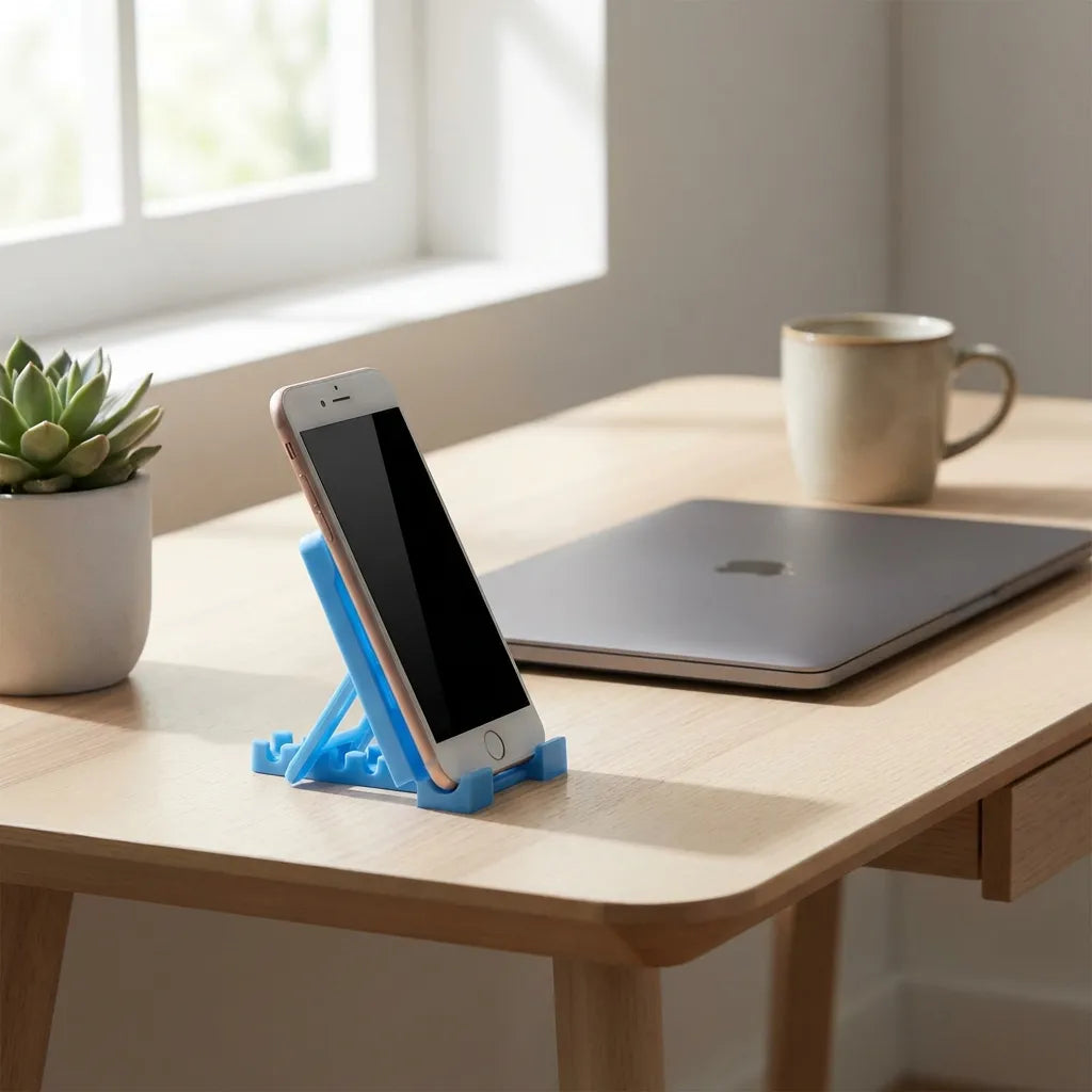 Blue mobile stand holding a phone upright with a laptop in background