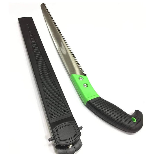 Chromium steel hand saw with green grip and black ergonomic handle, serrated blade