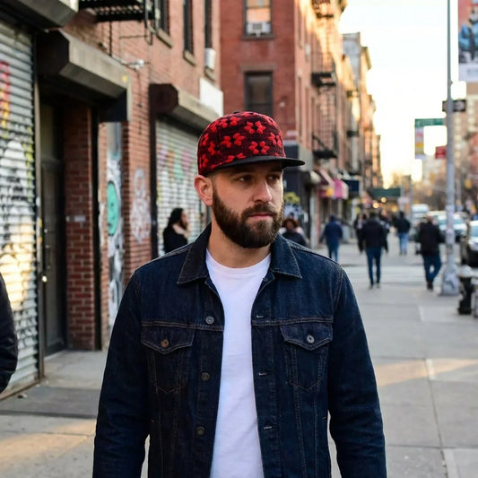 Red snapback hat with black embroidered pattern, flat brim and adjustable strap