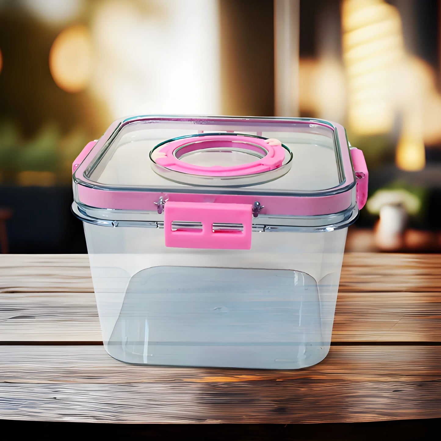 Clear plastic food storage container with pink airtight lid and snap latch