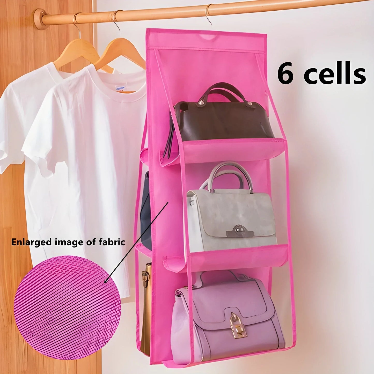 Pink hanging purse organizer with clear 6-compartment pockets for handbags