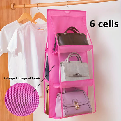 Pink hanging purse organizer with clear 6-compartment pockets for handbags