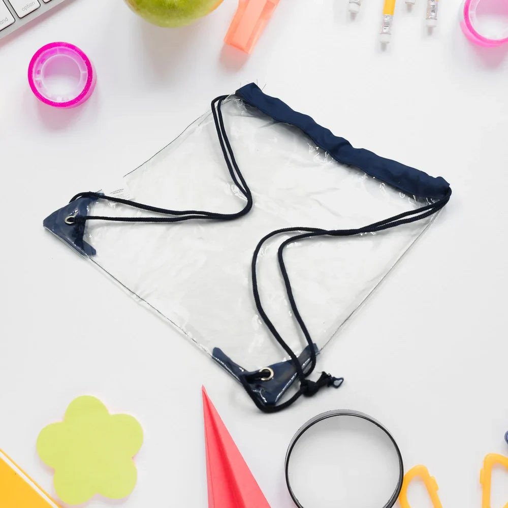 Clear waterproof drawstring bag with navy cords and metal grommets