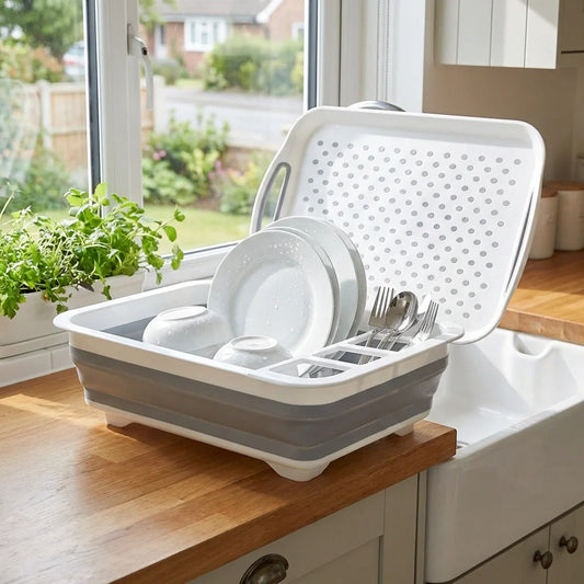 Collapsible silicone dish drying rack with slotted insert and draining tray