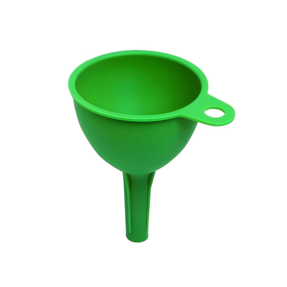 Green collapsible silicone funnel with wide mouth and side loop handle