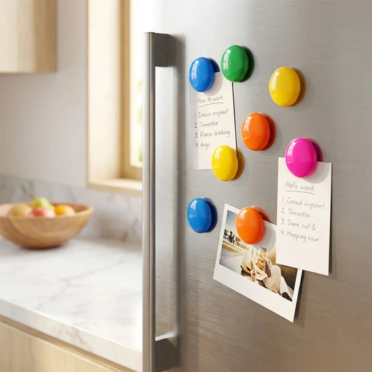 Colorful round magnetic buttons with multicolor caps attached to a metal surface