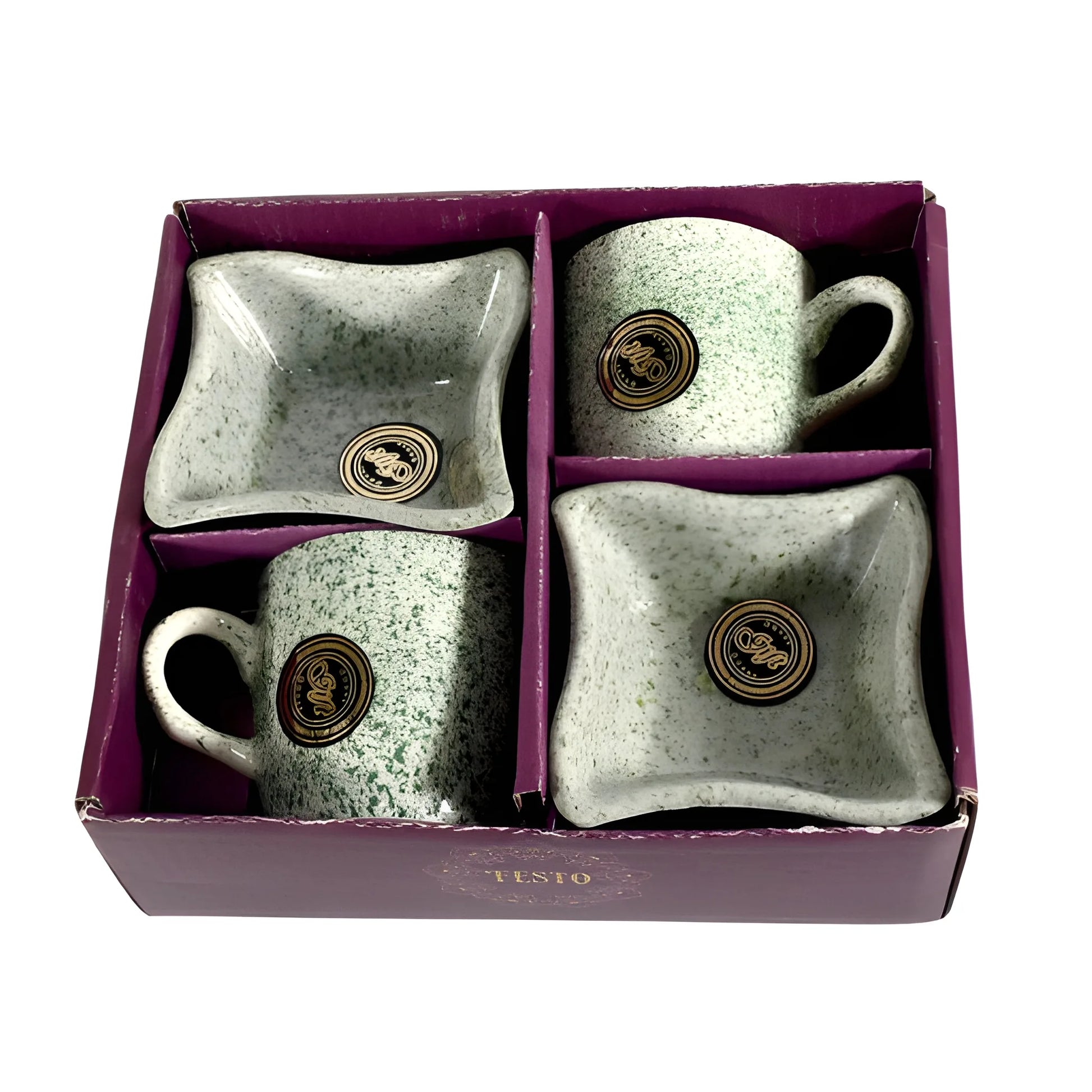 Ceramic cup and bowl set with speckled light gray glaze, gold logo