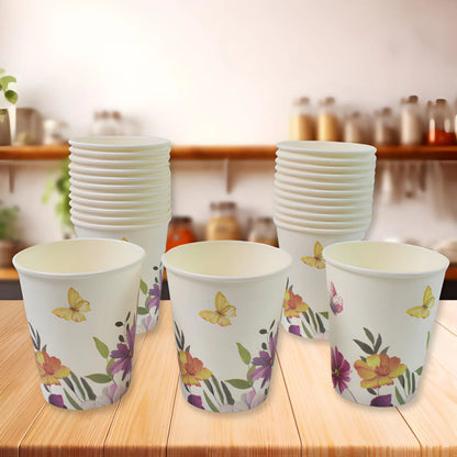 Floral paper cup set, stacked cups with butterfly and flower graphics